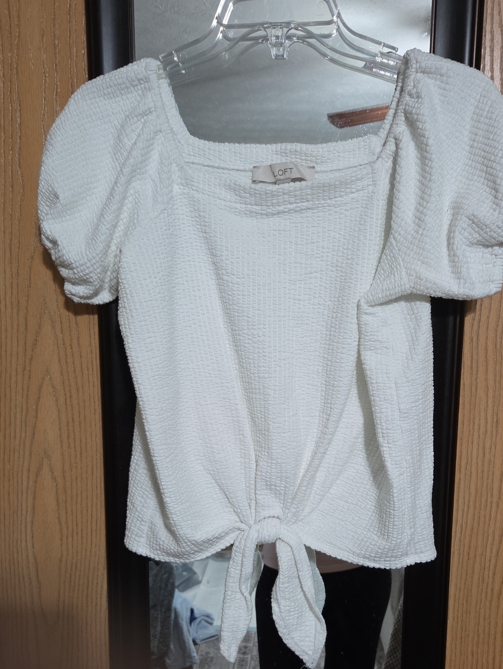 LOFT White Textured Square-Neck Tie-Front Puff Sleeve Top